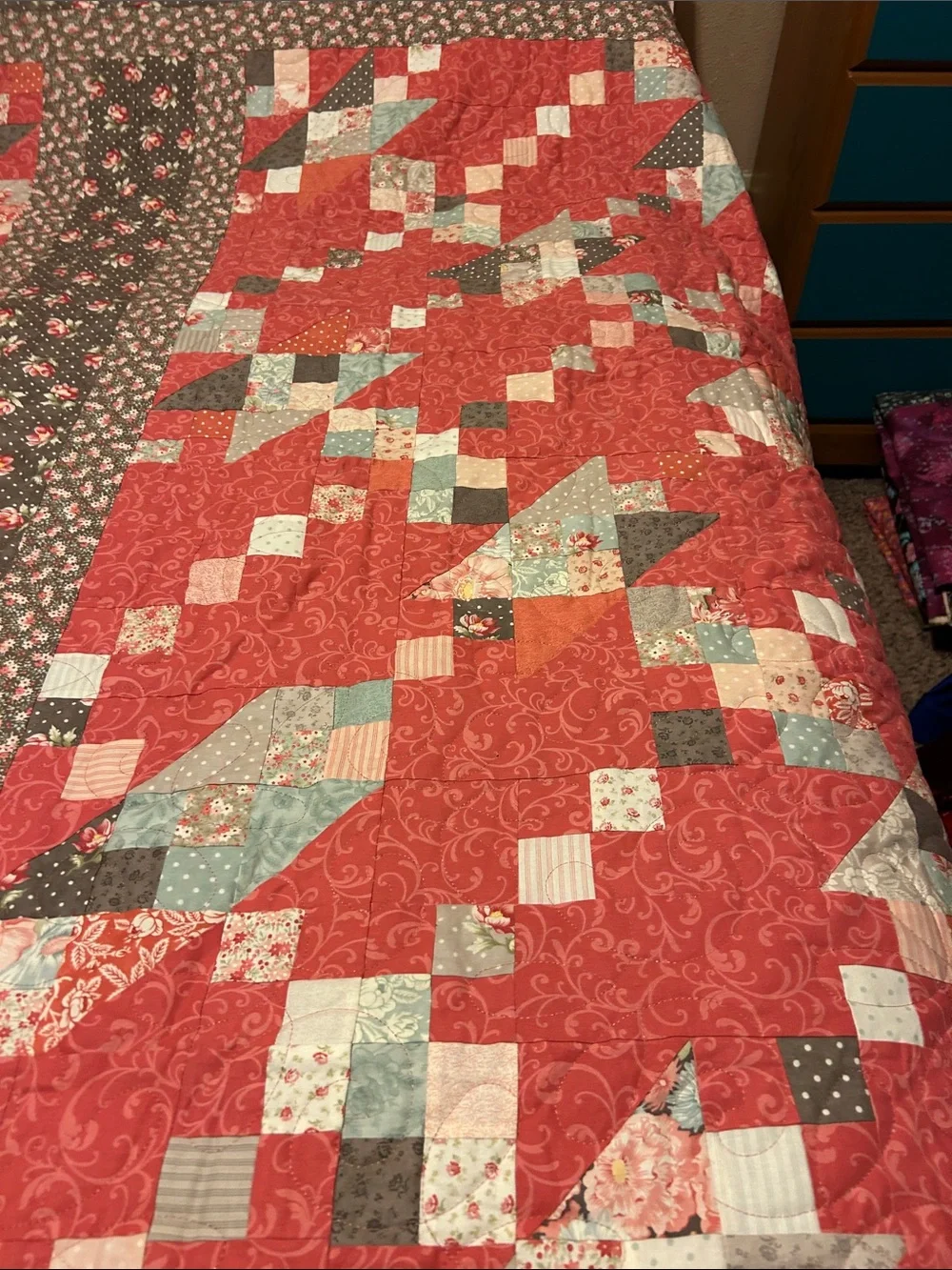 ONE OF A KIND - HANDCRAFTED  Coral and Gray Quilt - Floral